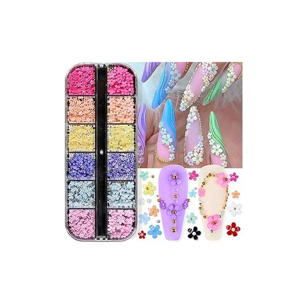 3D Flowers Charms for Nails, 12 Grids Colorful Flower Nail Art Rhinestones Mixed Size Cherry Blossom Acrylic Accessories with White Pearls Gold Silver Beads Women Decorations