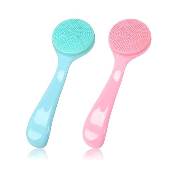 Silicone Manual Facial Cleansing Brush, NADUSEP 2 Pack Skin Friendly Soft Bristles Waterproof Face Scrubber Exfoliating Brush for Blackheads Whiteheads Makeup Residues Removal (Blue, Pink)