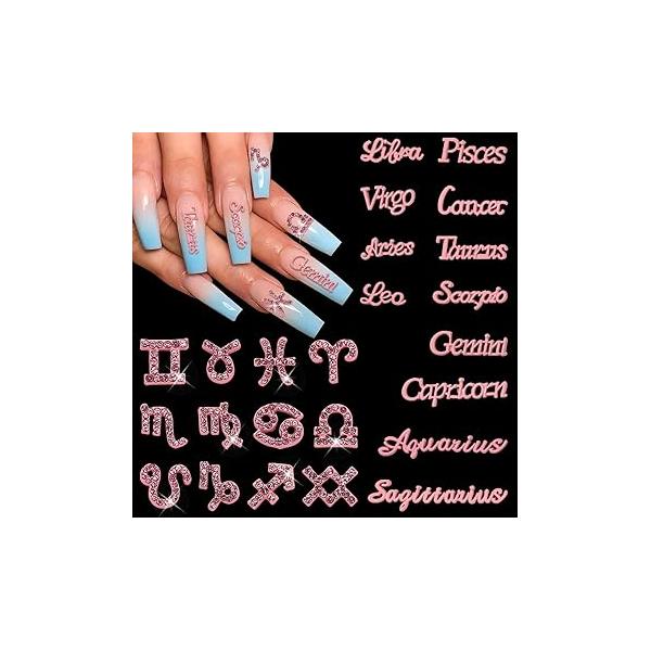 JERCLITY 48 Pieces Gold Silver Alloy Zodiac Nail Charms Signs Studs Constellation Words for Nails Twelve Set Women Girls