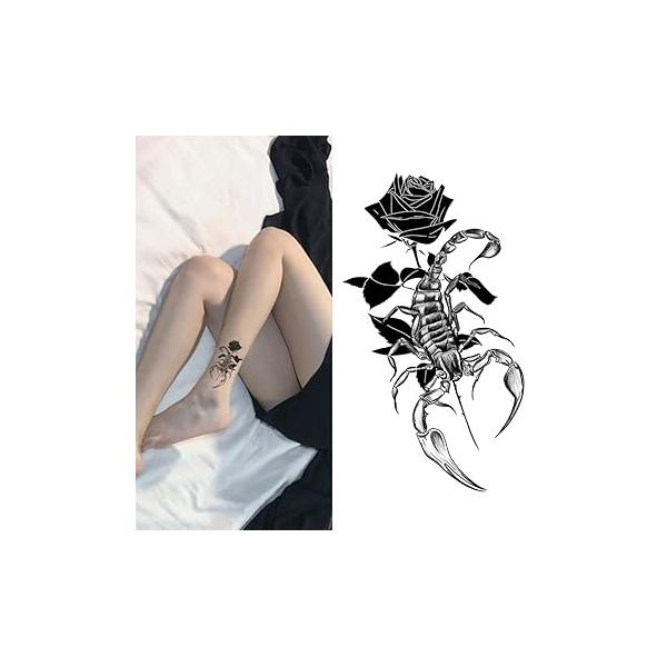Small Cute Temporary Tattoo Sticker Set of 2 - Halloween Scary Black Scorpion Rose Flower Totem Designs for Hand Neck Face Wrist, Waterproof Fake Body Art, Simple Unisex Skin Decals