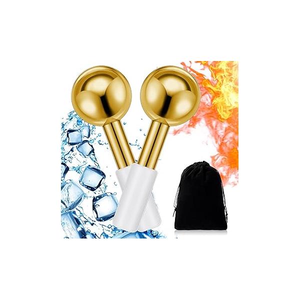 Baderke 2 Pcs Ice Globes for Face Stainless Steel Cooling Unbreakable Roller Women Balls Cryo Sticks Skin Care Dark Circles, Puffiness(Gold (white Handle))
