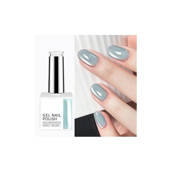 Glitter Blue Glassy Cat Eye Gel Nail Polish, Ceramic Magnetic Polish With Magnet Stick Soak Off LED Lamp Art Manicure Salon DIY Home (Blue, S)