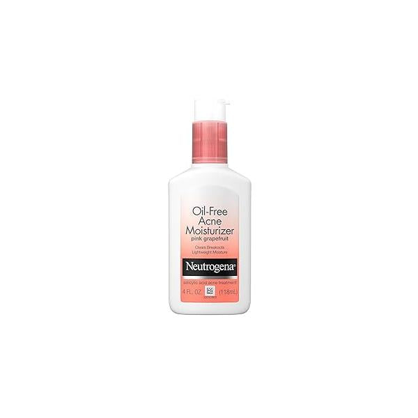 Neutrogena Oil Free Acne Facial Moisturizer with.5% Salicylic Acid Treatment, Pink Grapefruit Fighting Face Lotion for Breakouts, Non-Greasy & Non-Comedogenic, 4 fl. oz