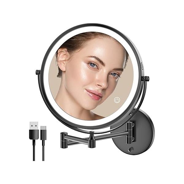 Rocollos Rechargeable Wall Mounted Lighted Makeup Mirror Chrome, 8 Inch Double-Sided LED Vanity 1X/10X Magnification,3 Color Lights Touch Screen Dimmable 360°Swivel 13 Extendable