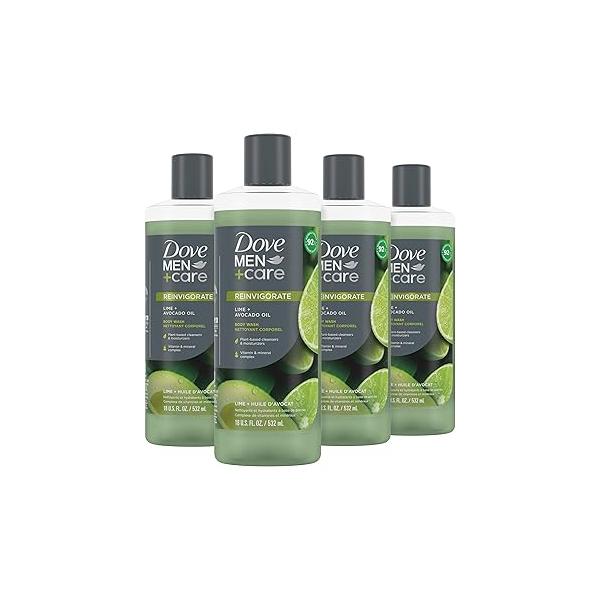 DOVE MEN + CARE Body 4 Count Wash Lime Avocado Oil to Rebuild Skin in the Shower with Plant-Based Cleansers and Moisturizers 18 oz