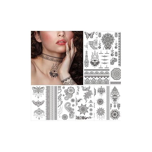 Fake Small Black Henna Temporary Tattoos 10 Pack for Adult Women, Realistic Flower Lace Finger Hand Arm Removable Body Art Stickers Summer Wedding Party Bridal Favors, Long Lasting Waterproof