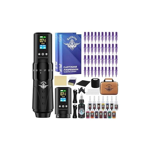 Wireless Tattoo Gun Machine Kit - Professional Rotary Pen Set, Complete Beginners Supplies with 2Pcs 1,600mAh Batteries, 40Pcs Cartridge Needles for Starter, Artists