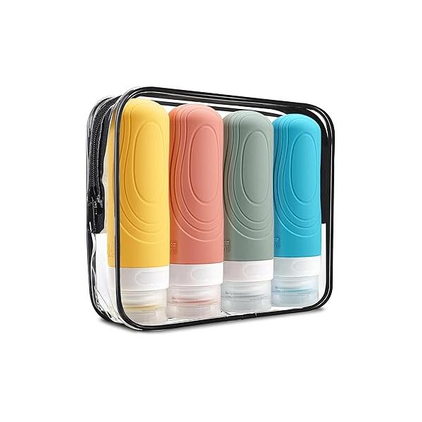 GLAMFIELDS Travel Bottles for Toiletries,TSA Approved 3oz size Leak Proof Silicone Containers Shampoo, Conditioner,Easy to Squeeze and Portable, Essentials Traveling (4 Pack) Black