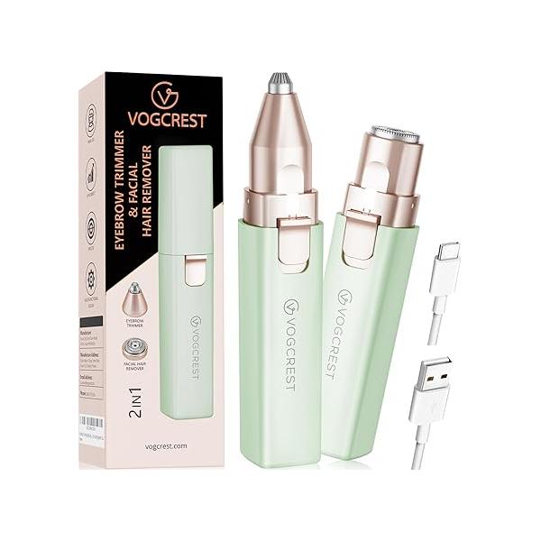 VOGCREST Hair Trimmer, 2 in 1 Facial Remover & Eyebrow Trimmer for Women - Rechargeable, Portable, LED Light