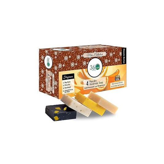 360Feel Men’s Handmade Soap Gift Pack - Nourishing and Hydrating Set of Bar for Men Infused with Four Bold Masculine Scents Bay Rum, Pine Tar, Patchouli, Island Citrus 4