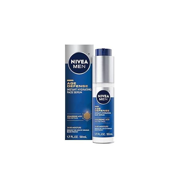 NIVEA MEN Age Defense Instant Hydrating Face Serum for Dry Skin, With Pro-Retinol and Hyaluronic Acid, Facial Helps Reduce Look of Fine Lines Wrinkles, 1.7 Fl Oz Bottle