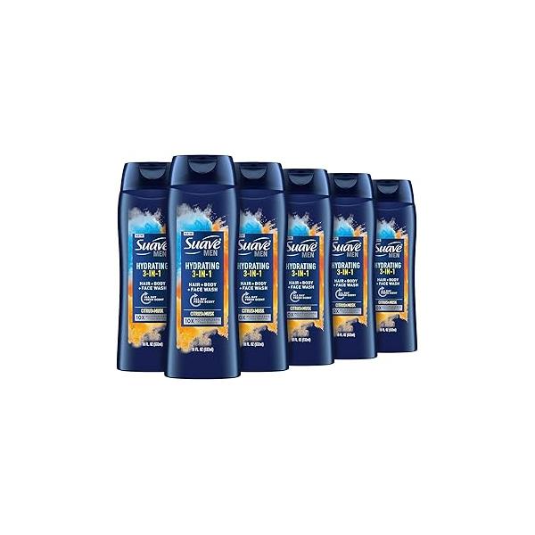 Suave Men Moisturizing Body, Face and Hair Wash, 3-in-1 For Hydrated Skin Hair, Citrus & Musk scent, No Parabens, Phtahaltes, 18 Oz Pack of 6