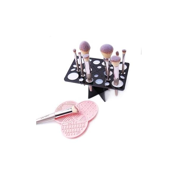 Makeup Brush Cleaning Mat & Drying Rack - 28 Holes Holder, Silicone Rubber Clover Shaped Cleaner Black Pink