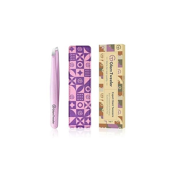 Expert Eyebrow Hair Removal Tweezer with Leather Case, GlamTweeler High Precision Slant Tip Stainless Steel Tweezers for Men and Women (Hot Pink)