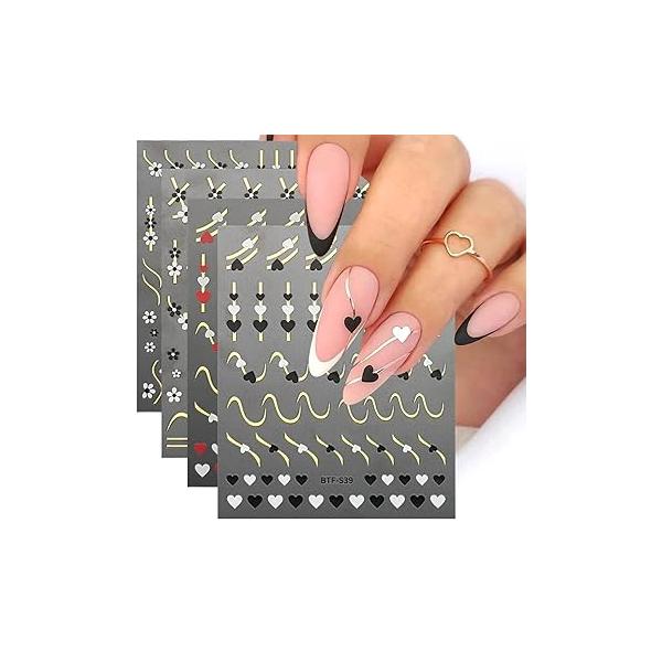 Valentine's Day Nail Art Stickers for Women Red Heart Black Flower Decals French Tip Accessories 3D Acrylic Gold Line Decorations 4Sheet