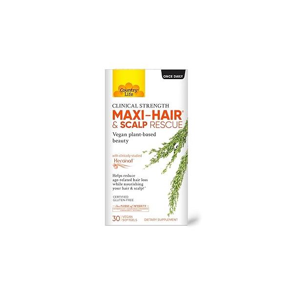 Country Life Maxi-Hair & Scalp Rescue, Clinical Strength Plant-Based Beauty, 30 Softgels, Gluten Free