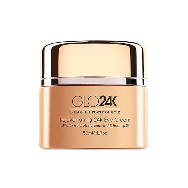 GLO24K Eye Cream with 24k Gold, Hyaluronic Acid, Rosehip Oil, and Vitamins. Minimizes wrinkles fine-lines around the eyes