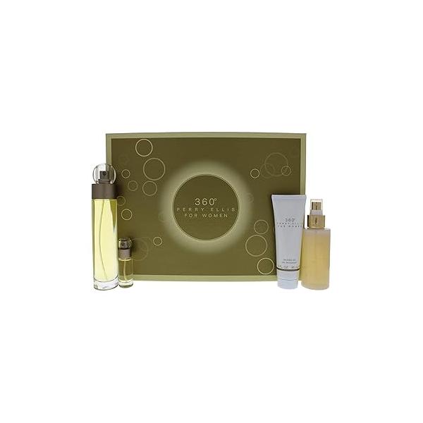 Perry Ellis 360 Women 3.4oz EDT Spray, 4oz Body Mist 3oz Shower Gel, 0.25oz Spray 4 Pc Gift Set