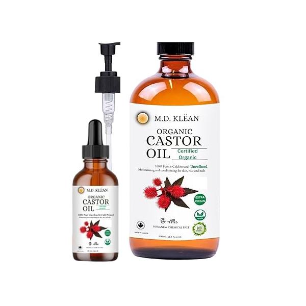 Generic M.D. KLEAN ORGANIC CASTOR OIL (500ml w/ 60ml Dropper) 100% Cold Pressed Unrefined Glass Bottles | Hexane Free USDA Certified Moisturizer and Conditionor For Skin,Hair & Lashes.