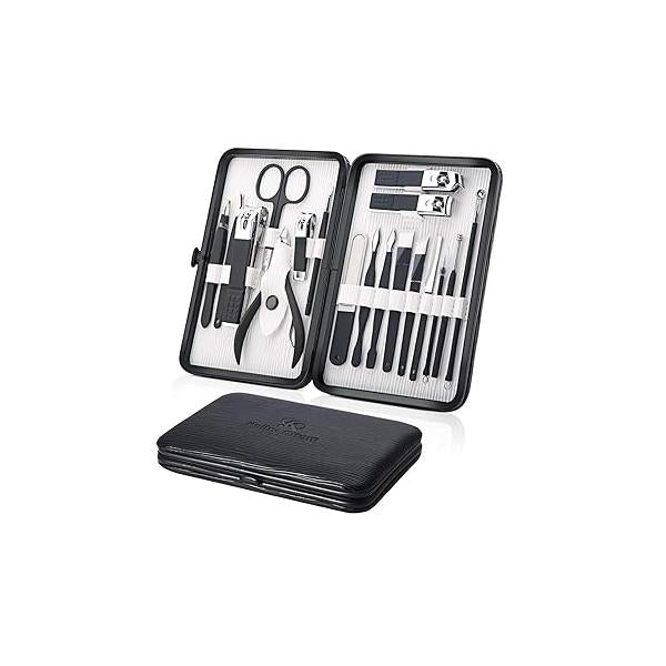 Professional Stainless Steel Nail Clipper Travel & Grooming Kit Tools Manicure Pedicure Set of 15pcs with Luxurious Case (Black/Yellow)