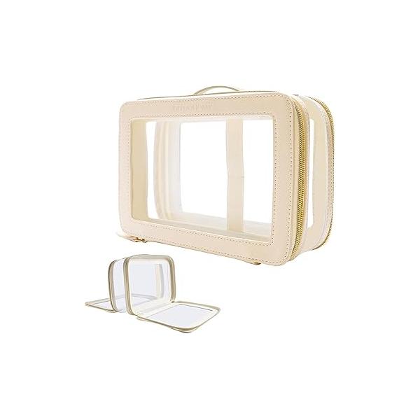 Clear Makeup Bag Double Layer Two Sided With Zipper White Cosmetic Small Make Up Case Compartments Brush Travel Leather Toiletry Women Organizer Transparent Waterproof Pouch