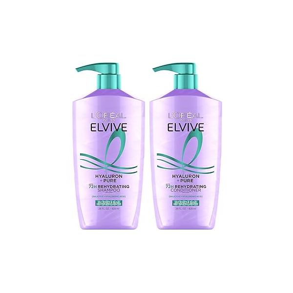 L'Oreal Paris Elvive Hyaluron + Pure Shampoo and Conditioner Set, Clarifying Rehydrating with Salicylic Acid Hyaluronic Acid, 1 Kit