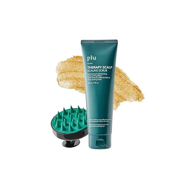 PLU Korean Therapy Scalp Scaling Scrub with Silicone Massager Brush - Walnut Scrubber Gel for Oily and Dandruff Exfoliating & Deep Cleansing Combo Set