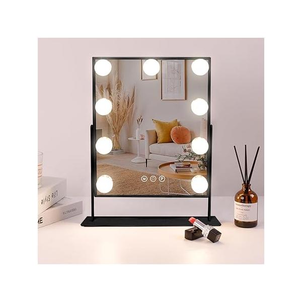 COOLJEEN Vanity Mirror with Lights, 9 Led Bulbs Lighted Makeup Detachable 10X Magnification Mirror, Hollywood 3 Color Lights Tabletop 360°Rotation