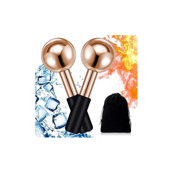 Baderke 2 Pcs Ice Globes for Face Stainless Steel Cooling Unbreakable Roller Women Balls Cryo Sticks Skin Care Dark Circles, Puffiness(Gold (white Handle))