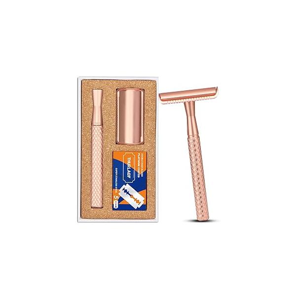 Rose Gold Safety Razor, Single Blade Razors for Women, with 5 Stainless Steel Double Edge Blades, Reusable Metal 1 Eco-friendly Smooth Close Shave, Sustainable, Plastic Free