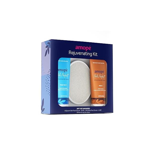Amopé Rejuvenating Kit - Contains Exfoliating Sugar Foot Scrubs with Epsom Salt, Coffee and a Nourishing Blend of Moisturizers to Rejuvenate, Smooth, Soothe & Relax your Feet, Leg Scrubber