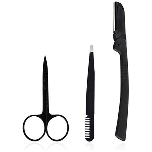 3pc Eyebrow Set. Includes scissors, tweezers with comb and foldable razor.