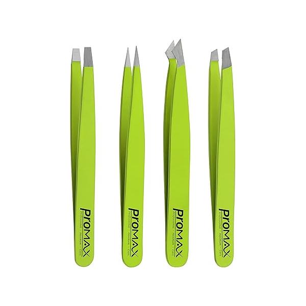 PromaxCare Tweezers Set - Professional Stainless Steel for Eyebrows Great Precision Facial Hair, Splinter and Ingrown Hair Removal (Green)