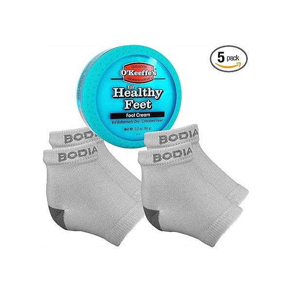 Dry Cracked Heels Repair Bundle with Open Toe Moisturizing Silicone Gel Heel Socks (2 Pairs, Gray) and O’Keeffe’s Healthy Feet Cream Jar for Home Foot Skin Care