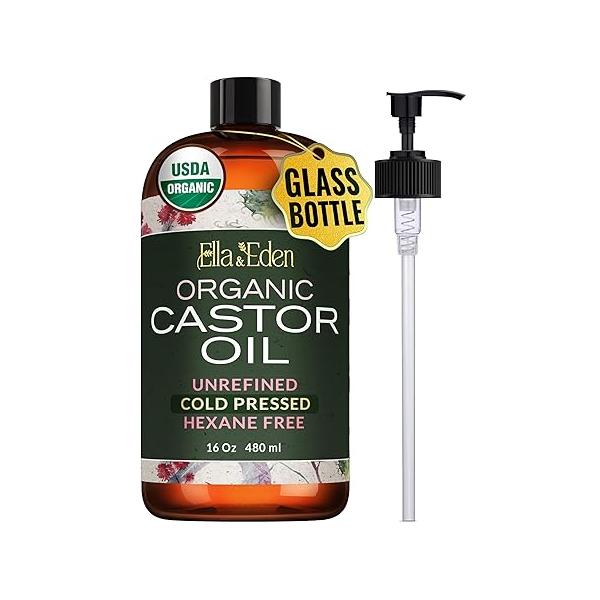 Ella & Eden Organic Castor Oil for Hair Growth, Face, Skin in Glass Bottle | USDA Certified, Cold-Pressed 100% Pure, Hexane-Free, Unrefined - 16 Oz
