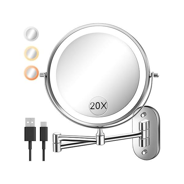 Wall Mounted Makeup Mirror with Light, 20X/1X 8'' Double Sided LED Magnifying Bathroom Lighted Vanity Magnification, 3 Color Light up Touch Dimmable Extended Arm 360 Rotation