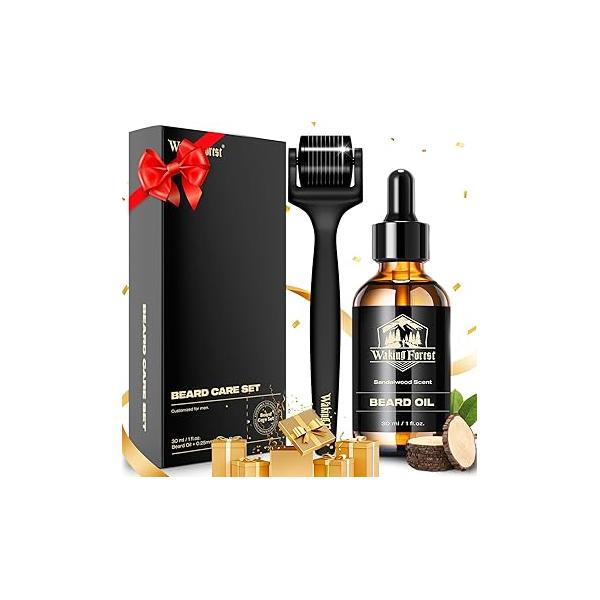 Waking Forest Derma Roller 0.25mm & Beard Oil(1oz), Sandalwood Kit, Microneedle with 540 Titanium, Natural Moisturize Vitamin E Oil for Men, Fathers Boyfriend Dad