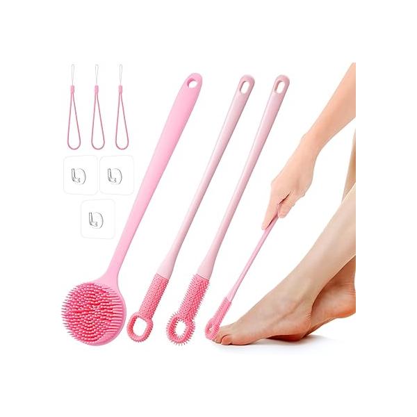 Palksky 3-Piece Toe Gap Cleaning Brush - Long Handle for Crevice & Exfoliating, Silicone Foot Skin Scrubber, Shower Scrubber Seniors, Elderly, Men And Women