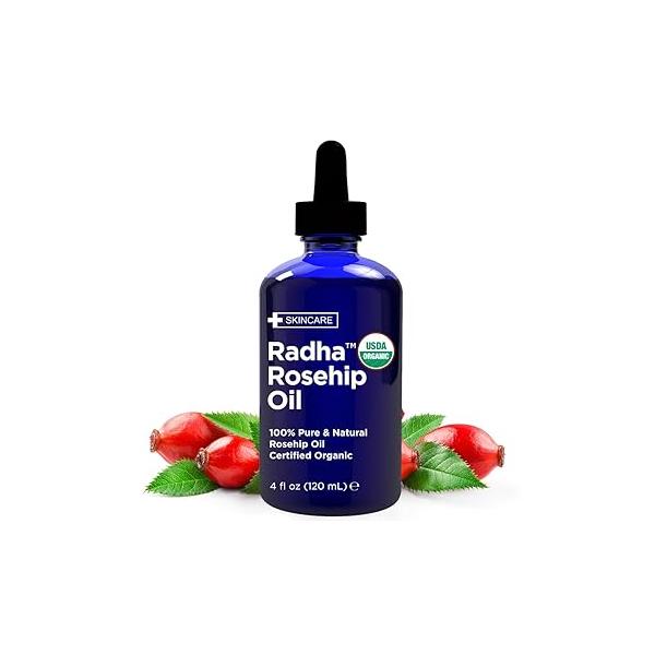 Radha Beauty 4 oz Organic Rosehip Seed Oil 100% Pure Cold Pressed - Great Carrier for Moisturizing Face, Hair, Skin, & Nails, Hydrating and Nourishing