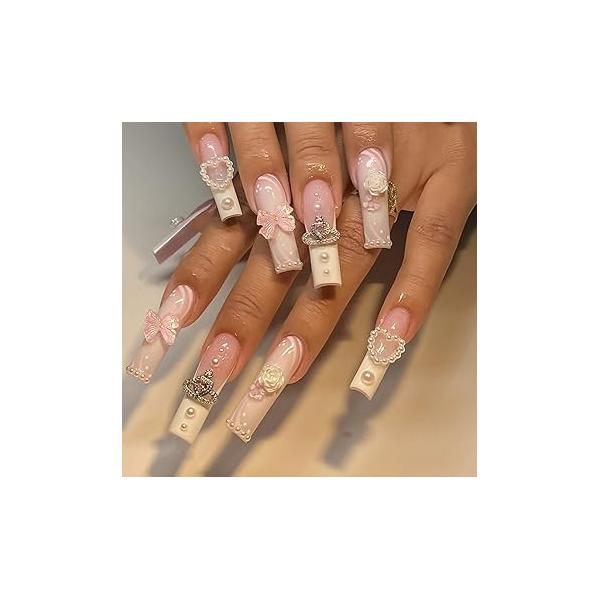 Long Coffin Press on Nails French Tip Green RIICFDD Fake 3D Water Ripple Designs Rhinestone Nail Charms Acrylic Full Cover Glue for Women and Girls Decoration 24 Pcs