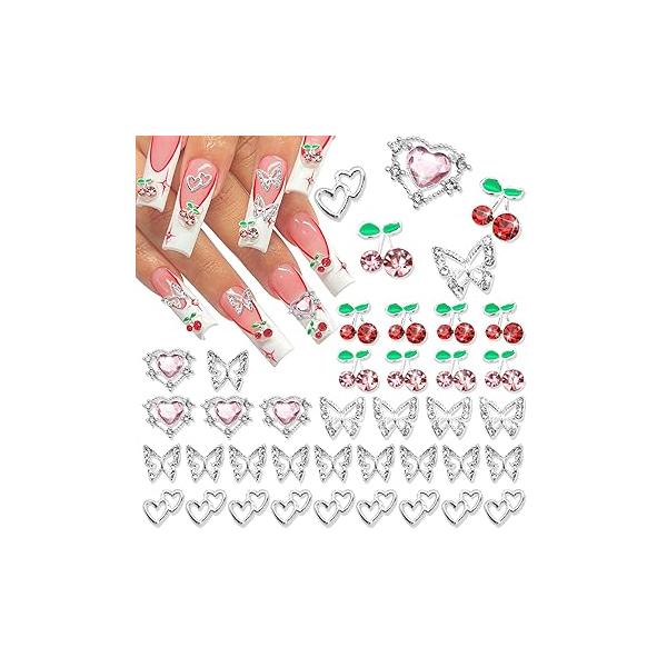 RODAKY 1000PCS Flower Nail Charms Silver Butterfly Art Jewelry Pink 3D for Nails Metal Butterflies Gems Resin Decoration Manicure DIY, Pink&White