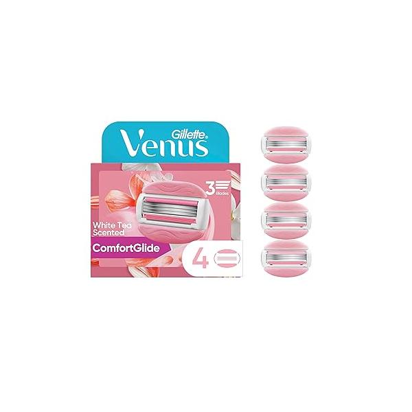 Gillette Venus ComfortGlide White Tea Women's Razor Refills, 4 Refill Cartridges, Fits Reusable Handles, 3-Bladed with Built-in Shave Gel Bars