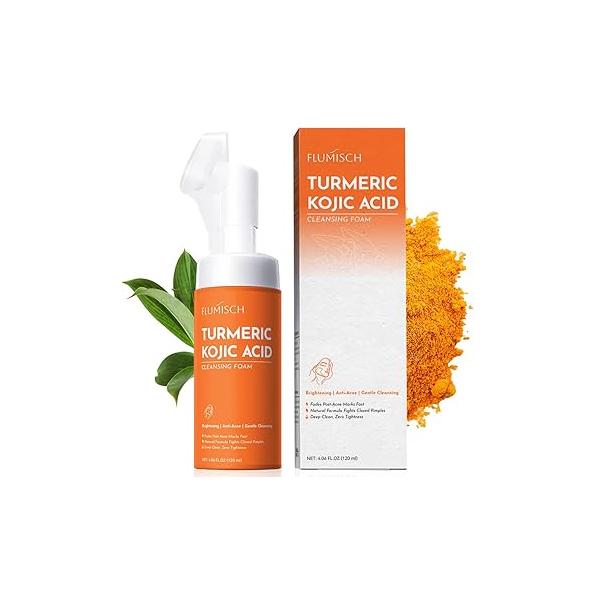 Turmeric Kojic Acid Facial Cleanser, Brightening Foaming Face Wash with Soft Massage Heads, Cleanser Exfoliating, Cleansing for Dark Spots 4.06fl.oz
