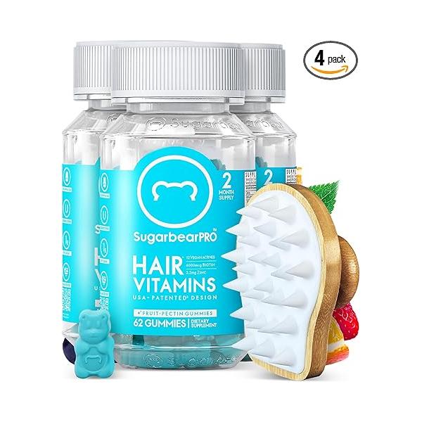Sugarbear Bamboo Scalp Massager & Scrubber + Vegan Hair Vitamin Gummies 6 Month Supply, Extra Strength Biotin 6000mcg for Relaxing Care Supporting Healthy