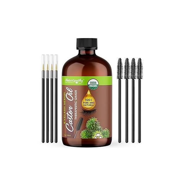 Naturopathy Castor Oil 4oz USDA Organic, 100% Pure, Cold Pressed, Hexane Free. Stimulate Growth for Eyelashes, Eyebrows, Hair, Eyelash Serum. FREE Mascara Starter Kit. Brow Treatment.