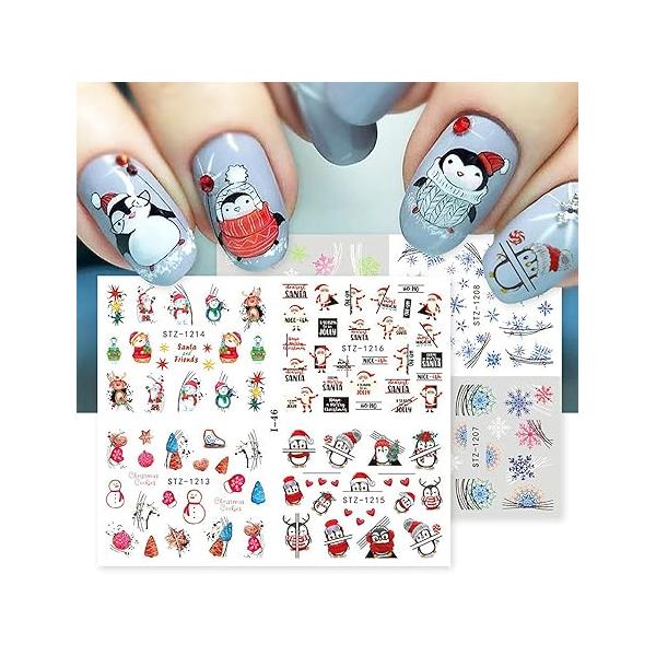 Christmas Nail Art Stickers - 6 Sheet Snowflake Penguin Water Transfer Decals, Winter Supplies, Cute Xmas Accessories Decorations for Women Kids