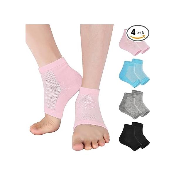 Vaincre Gel Moisturizing Heel Socks for Dry Cracked Feet Women, 4 Pairs Foot Care Spa Moisture Toeless Repair Treatment Overnight (Regular)