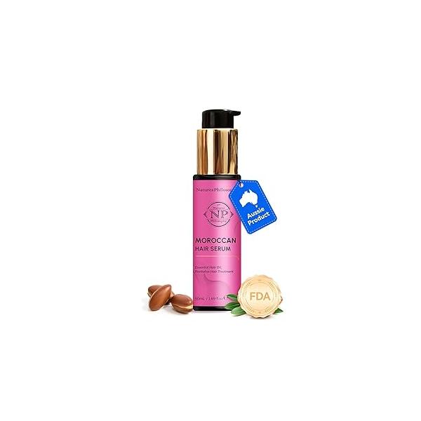NP NATURES PHILOSOPHY Moroccan Argan Oil - Hair Serum Organic, Anti-Frizz, Repairs Damaged Hair, Adds Shine for All Types Aussie Allergy-Free Products 1.69 Fl oz