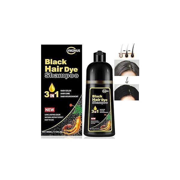 Herbal Black Hair Dye Shampoo 3 in 1 for Gray Hair, Instant Color Women & Men, 100% Grey Coverage 500ML