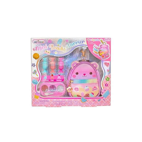 Hot Focus | Bag Makeup Set for Kids, Includes Kit with Keychain Backpack, 3 Tinted Lip Balms, Eyeshadow Applicator, and Vinyl Stickers Suitable Ages 3+ (Flower)